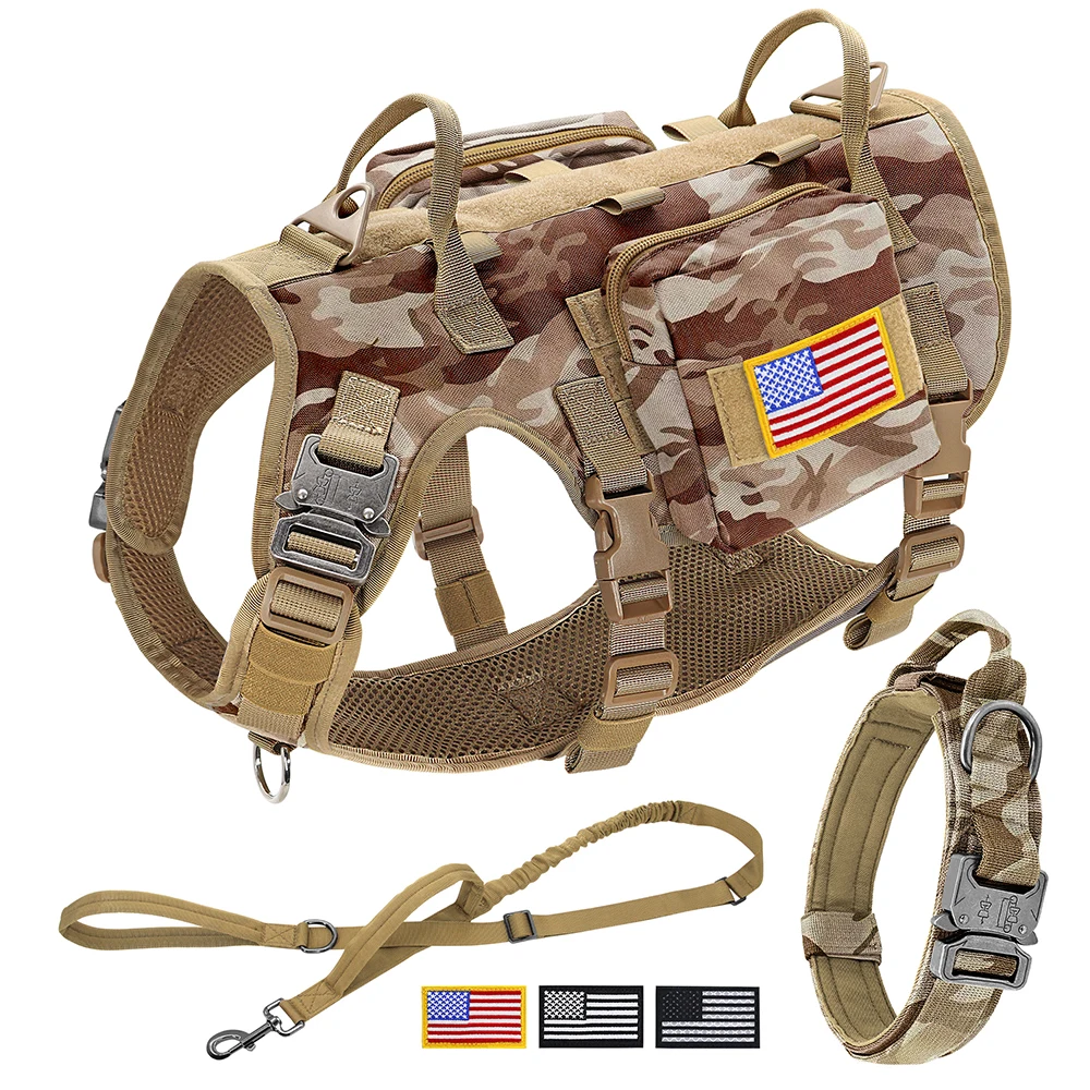 Tactical Dog Harness Collar Leash Set Military Training Pet Vest with Pouches Flags Durable Collars 1005009921895563