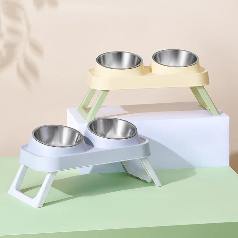 15° Elevated Pet Feeder: Portable Foldable Dual Stainless Steel Bowls with Non-Slip Base 1005009939604091