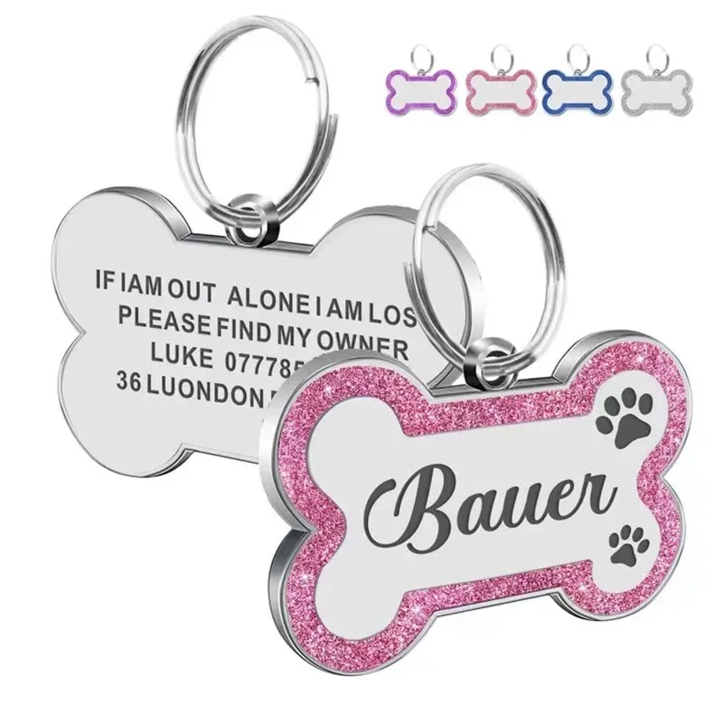 Custom Double Side Dog Cat ID Tag Glitter Dogs Cats Pet Name Pendant Tags Pet Collar Accessories 1005009947365120