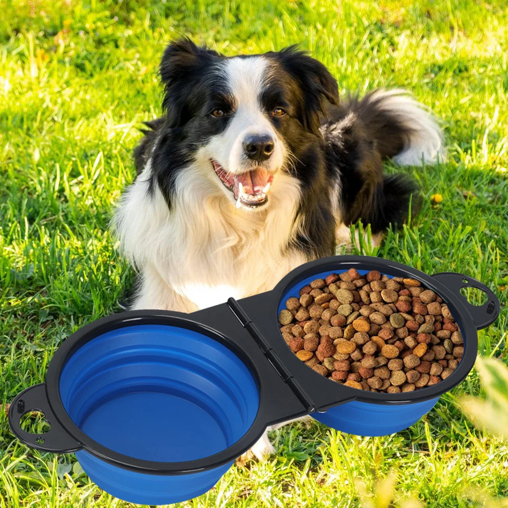 1-piece 2-in-1 foldable dual bowl feeding bowl portable outdoor travel dog and cat drinking bowl 1005009948344913
