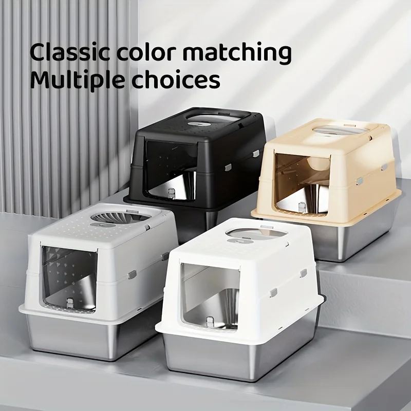 New Stainless Steel Cat Litter Box with Flip Cover Closed Design Easy to Clean Non-Slip Mat Indoor 1005009955260549