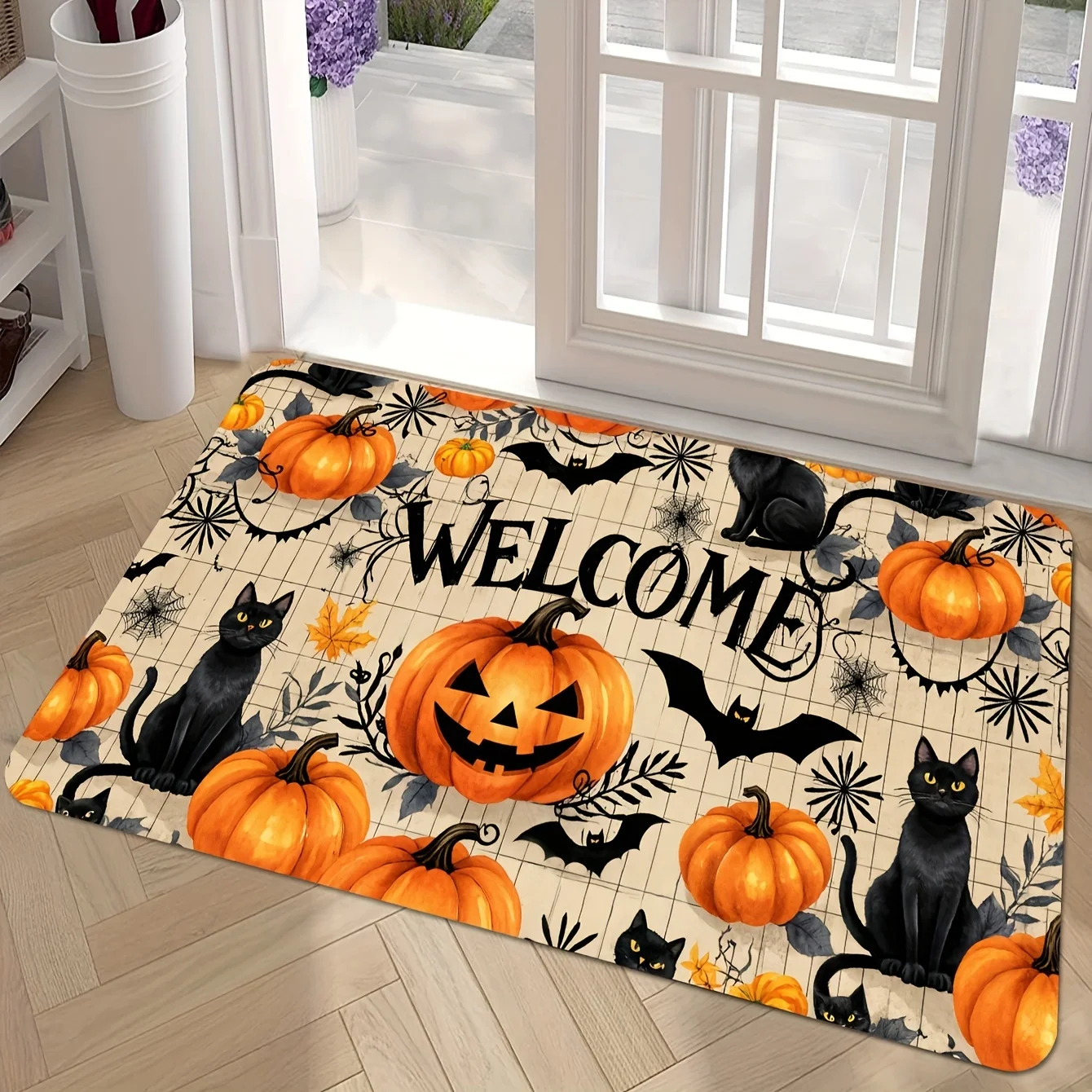 Halloween-Themed Door Mat with Pumpkin & Black Cat Design, Washable Polyester, Perfect for Entryway 1005009970828444