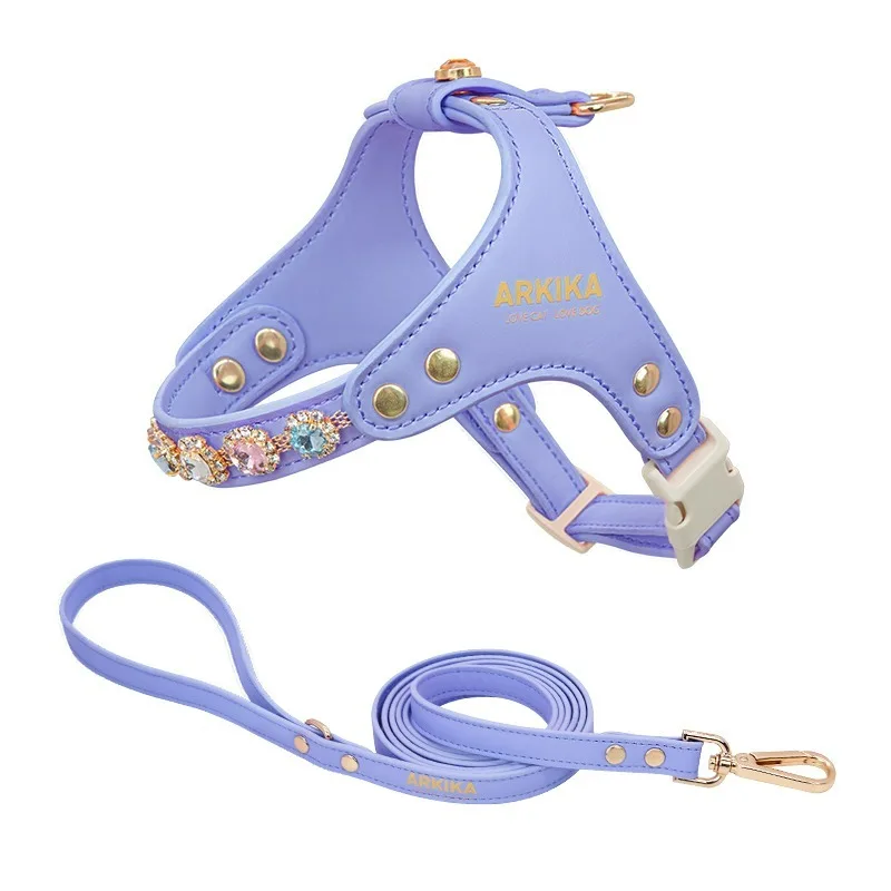 Leather Colorful Diamond Small Dog Harness Leash Adjustable Harness Maltese Yorkshire Terrier Teddy 1005009995360372
