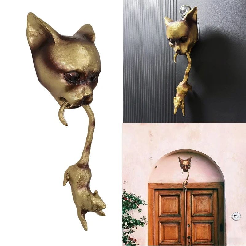 Wall Hanging Door Knocker Statue Cat Mouse Resin Vintage Garden Courtyard Doorbell 1005010001796251