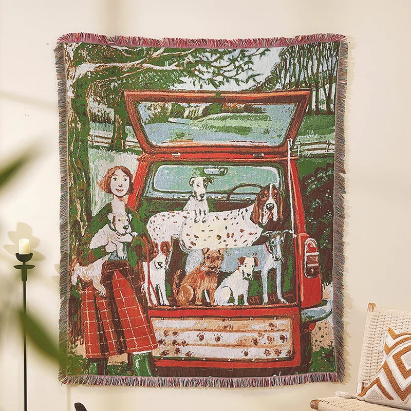 Vintage Car Dog Blanket Woven Tapestry Throw Rustic Farmhouse Decor Dog Lover Jacquard Sofa Cover 1005010031091812