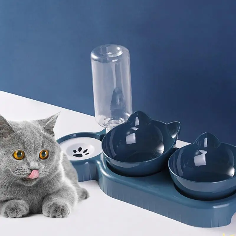 Pet Cat Bowl Automatic Feeder Water Dispenser Dog Food with Drinking Raised Stand Double Dish Bowls 1005010057431014