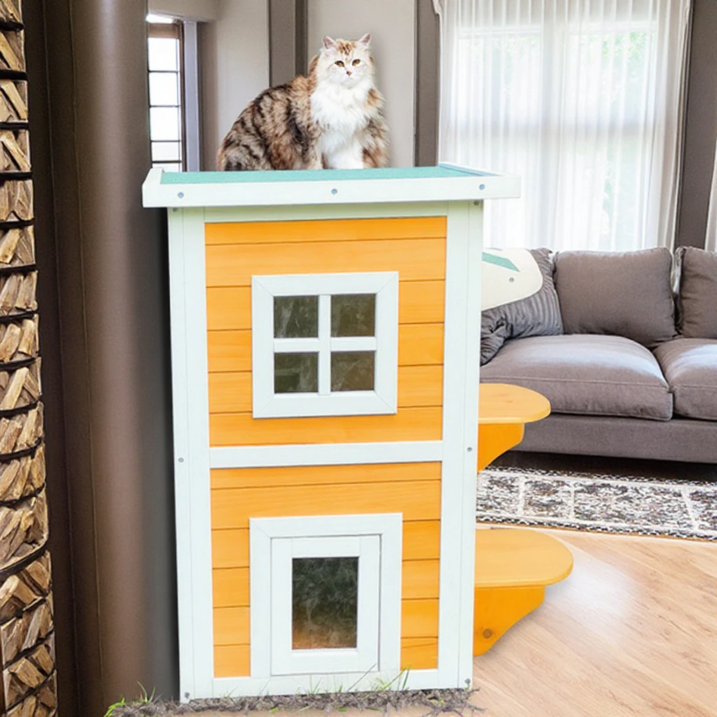 Outdoor 2-Story Weatherproof Wooden Cat House SDCH008 Yellow With Print Pattern Escape Door For 1005010070326313