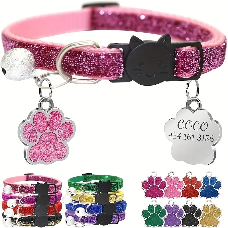 Customized Cat Collar with Paw Name Tag, Glitter Kitten Collars with Name Pandant, Cat ID Tag 1005010077305124