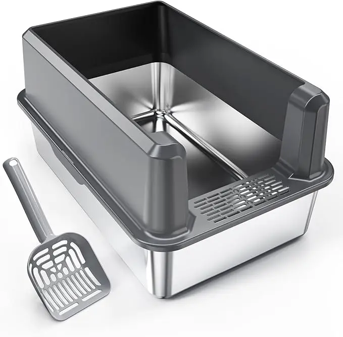 Stainless Steel Cat Litter Box with 20L Inner Space Semi-Enclosed Design & ABS High Barrier Toilet 1005010080147370