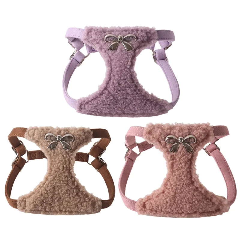 Cozy Faux Shearling Dog Harness Leash Set with Metal Bow, Adjustable Soft Vest for Small Dogs 1005010103147006