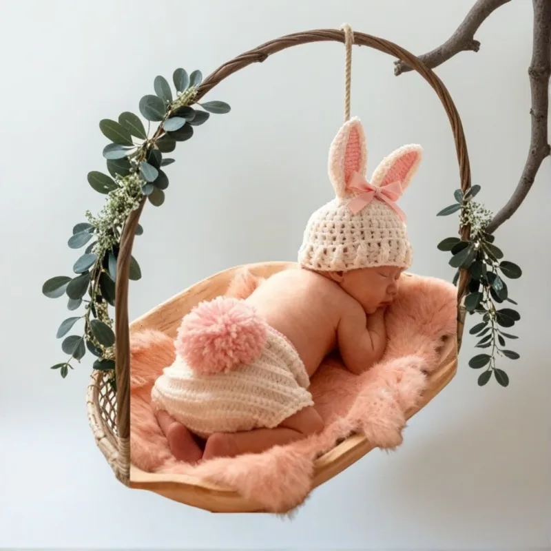 Rabbit Fur Blanket & Knitted Set, Luxury Handmade Bunny Newborn Photography Costume 1005010108028312
