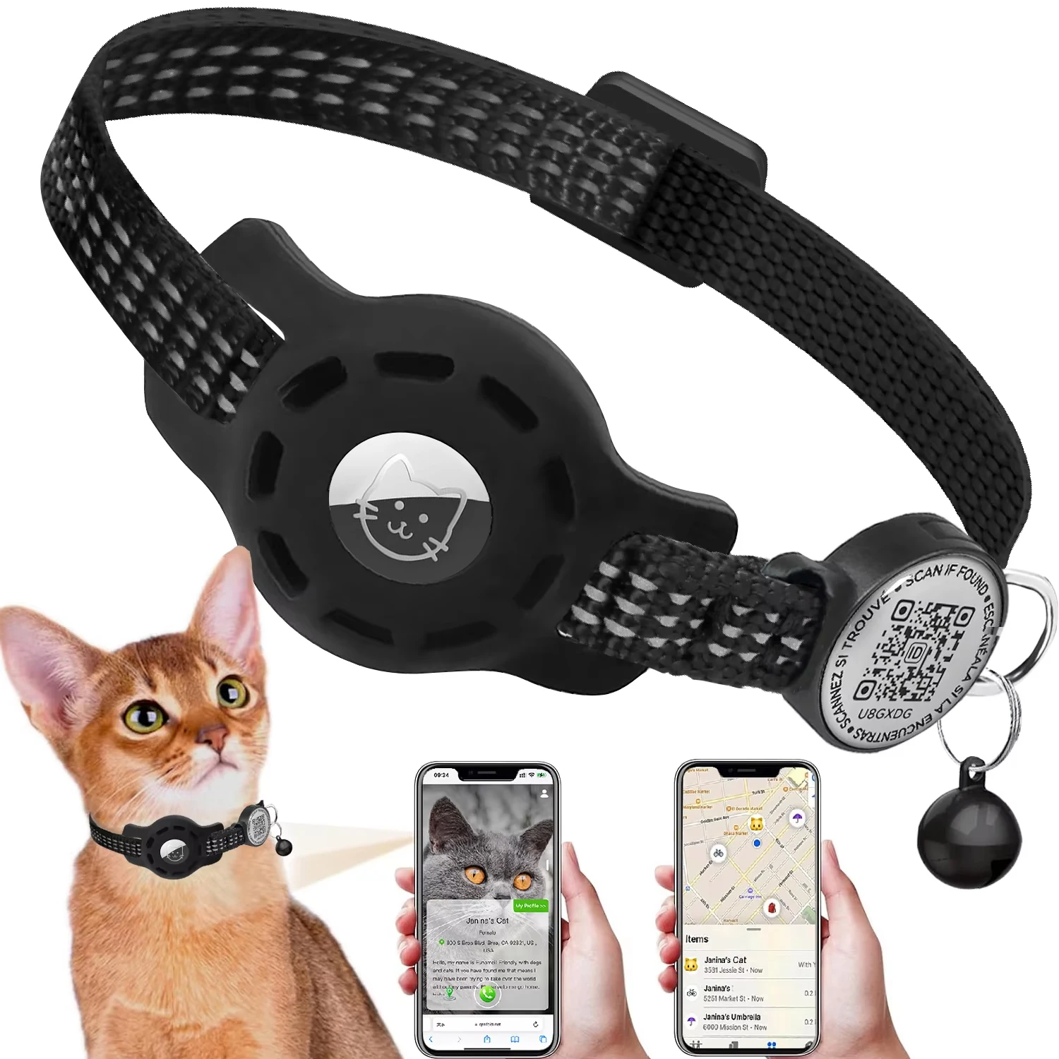Cat GPS Collar with QR Code Tag & Airtag Case Reflective Apple Tag Cats Collar for Tracker Pet 1005010118077417