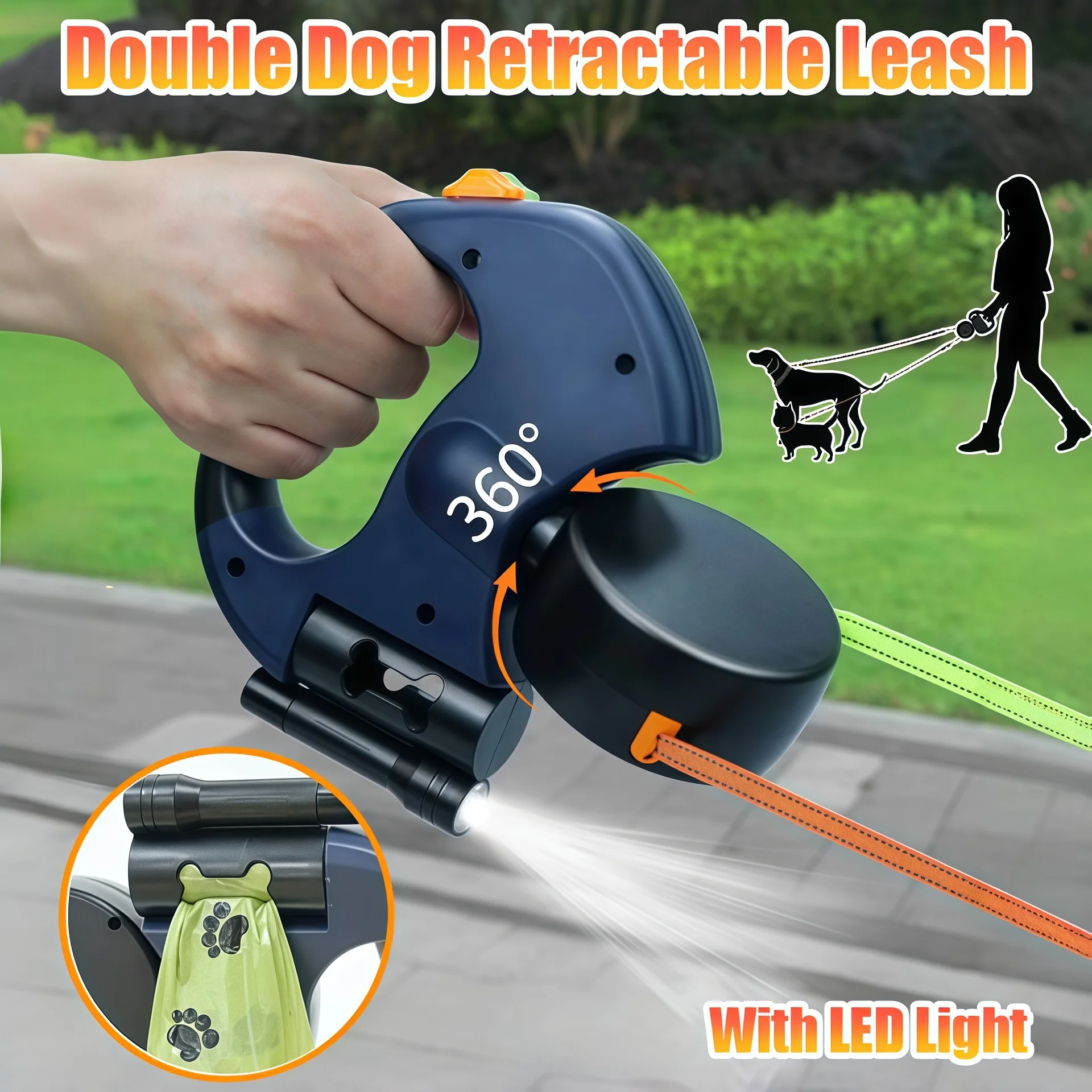 Auto Retractable Double-Ended Dog Leash 3m with LED Flashlight Waste Bag Box Roulette 360 Degree 1005010173842024