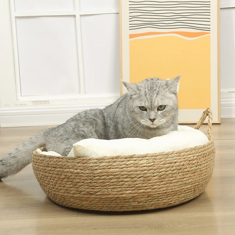 Cat Litter Rattan Summer Weaving Cat Basket Bed with Soft Cushion Round Donut Cozy Comfortable 1005010210773054