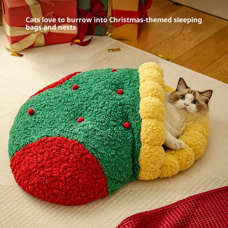 Autumn and Winter Warm Cat Bed Deep Sleep Semi-enclosed Dog Bed Warm Bed New Christmas Cat's nest 1005010228163387