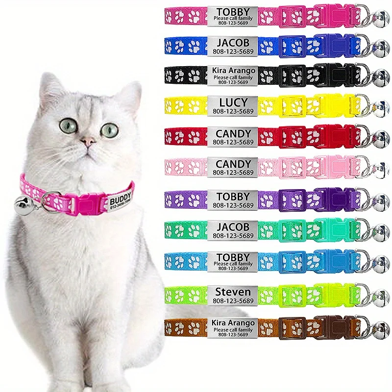 Customized Cat Collar Paw Print Cat Collar Free Engraved Puppy Kitten Pet ID Nameplate Necklace 1005010245018271