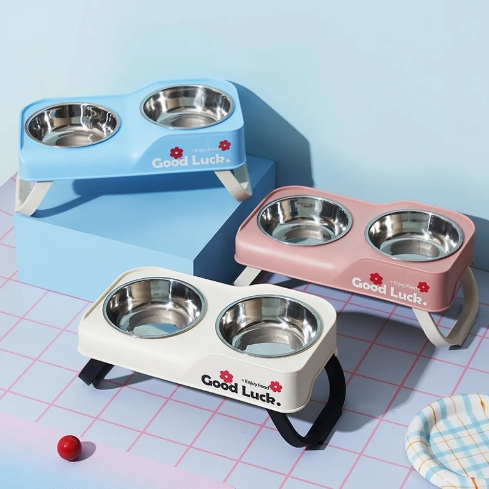 Neck Protection Cat Double Feeder Foldable Stand Adjustable Height Cat Feeding Bowl Washable 1005010273208083