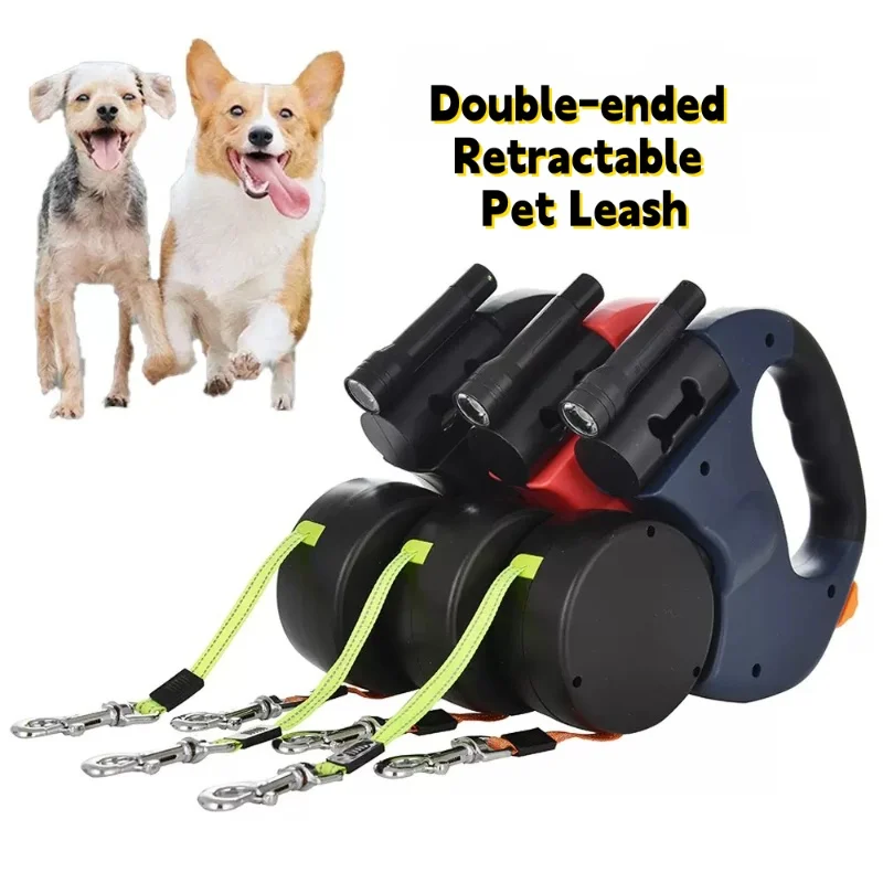 Dual-Head Retractable Dog Leash Equipped with a Light and a Poop Bag Holder Suitable for Two Pets 1005010281367216