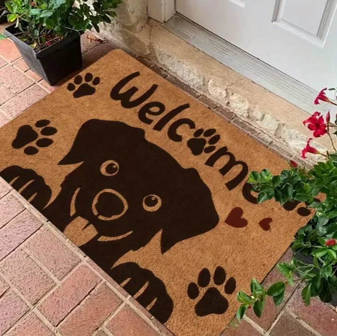 Black Dog-Themed Welcome Door Mat with Paw Prints Soft Polyester Mat for Perfect for Hallways 1005010303665872
