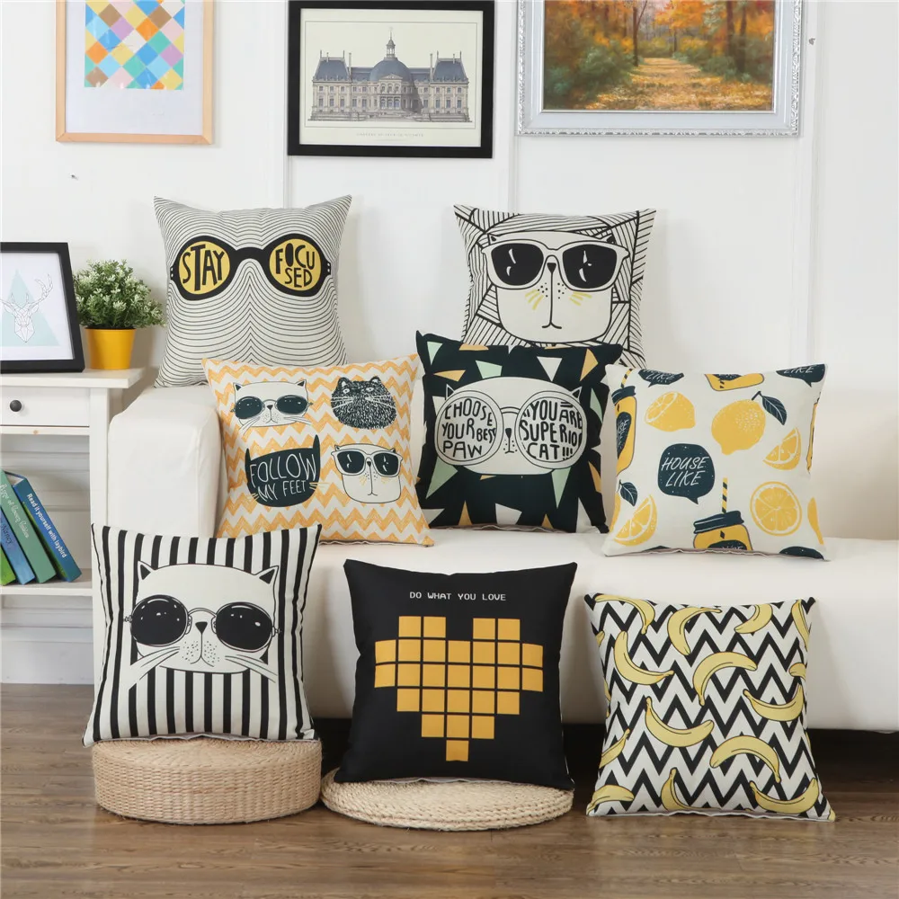 45x45cm Cartoon Cat Geometric Printed Sofa Cushion Cover Cotton Linen Home Living Room Decoration 1005010304055714