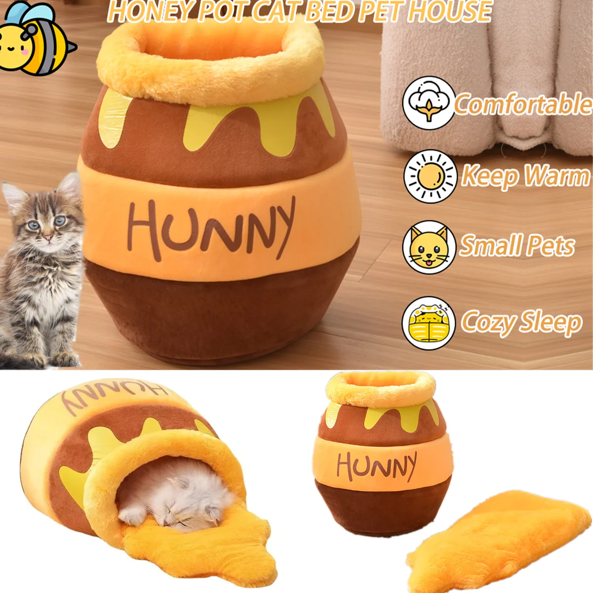 Honey Pot Cat Cave Bed, Soft and Thick Rebound Sponge Pet Nest with Removable & Washable Cushion 1005010312923960