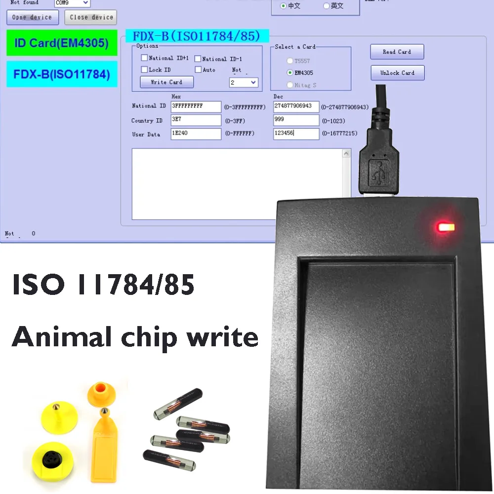 RFID Animal Chip Tag Writer ID 125/134.2KHz FDX-B ISO11784 / ISO11785 Read-Write Free EM4305 Chip 1005010322307092