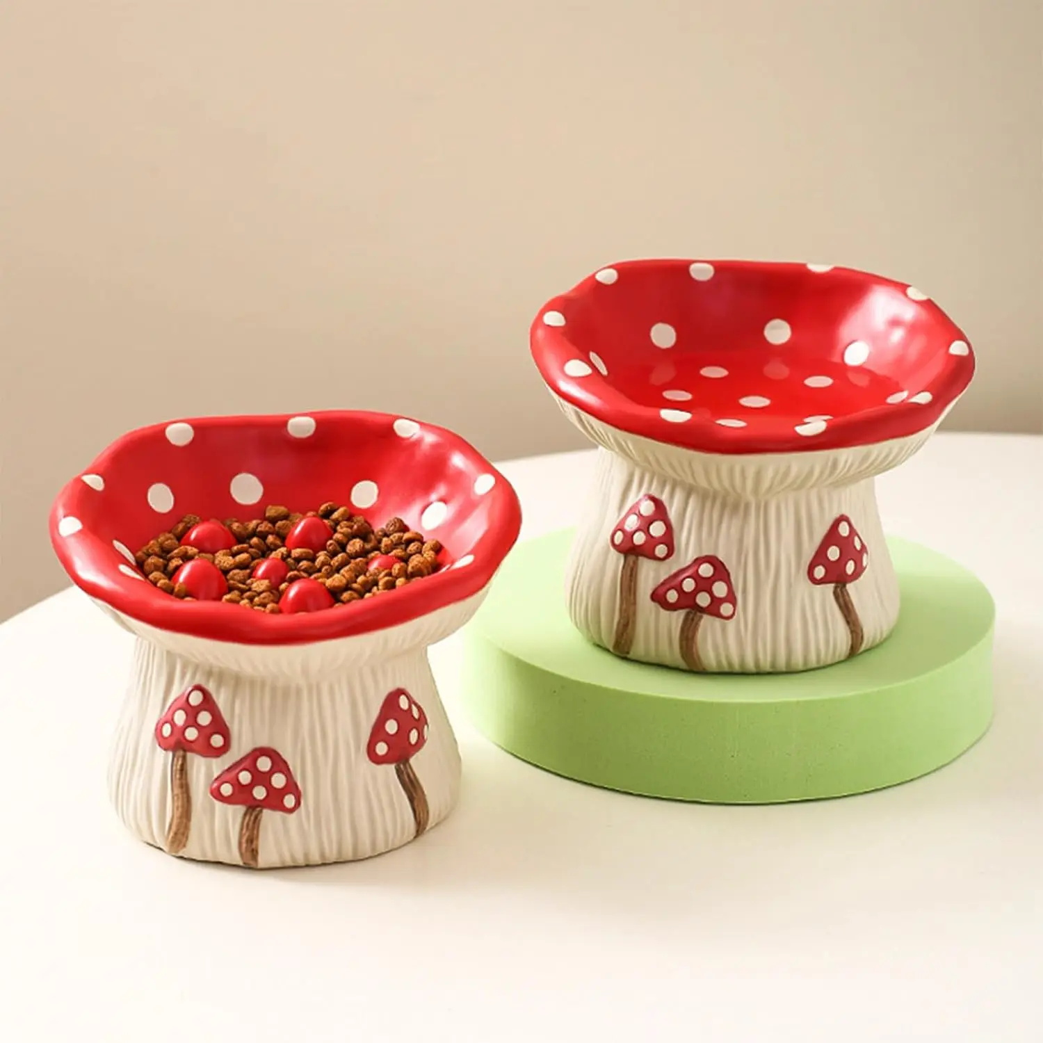 Ceramic Cat Bowl Pet Dish Mushroom Elevated Cat Feeder Shallow Raised Water Fountain for Indoor 1005010334609697