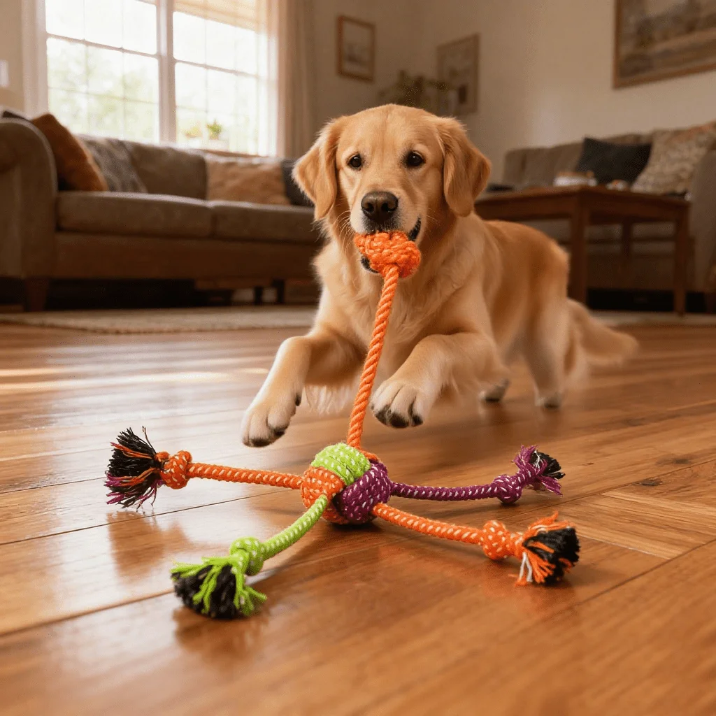 1pc Durable Bite-Resistant Interactive Knot Toy for Dogs- Chewable Rope with Green&Orange Fringes 1005010338422193