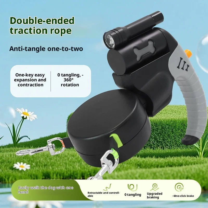 Double-Headed Retractable Dog Leash, Bone Pattern 5M Rope for 2 Dogs 1005010378351041