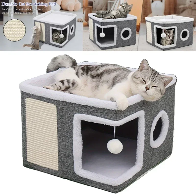Foldable Cat Beds for Indoor Cats, Covered Cat Cave Beds with Scratch Pad, Cute Modern Cat Condo 1005010404895941
