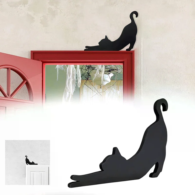 Cute Little Cat Stretched Out Door Corner Sign Cat Black Wooden Ornament Self-adhesive Home Wall 1005010405689773