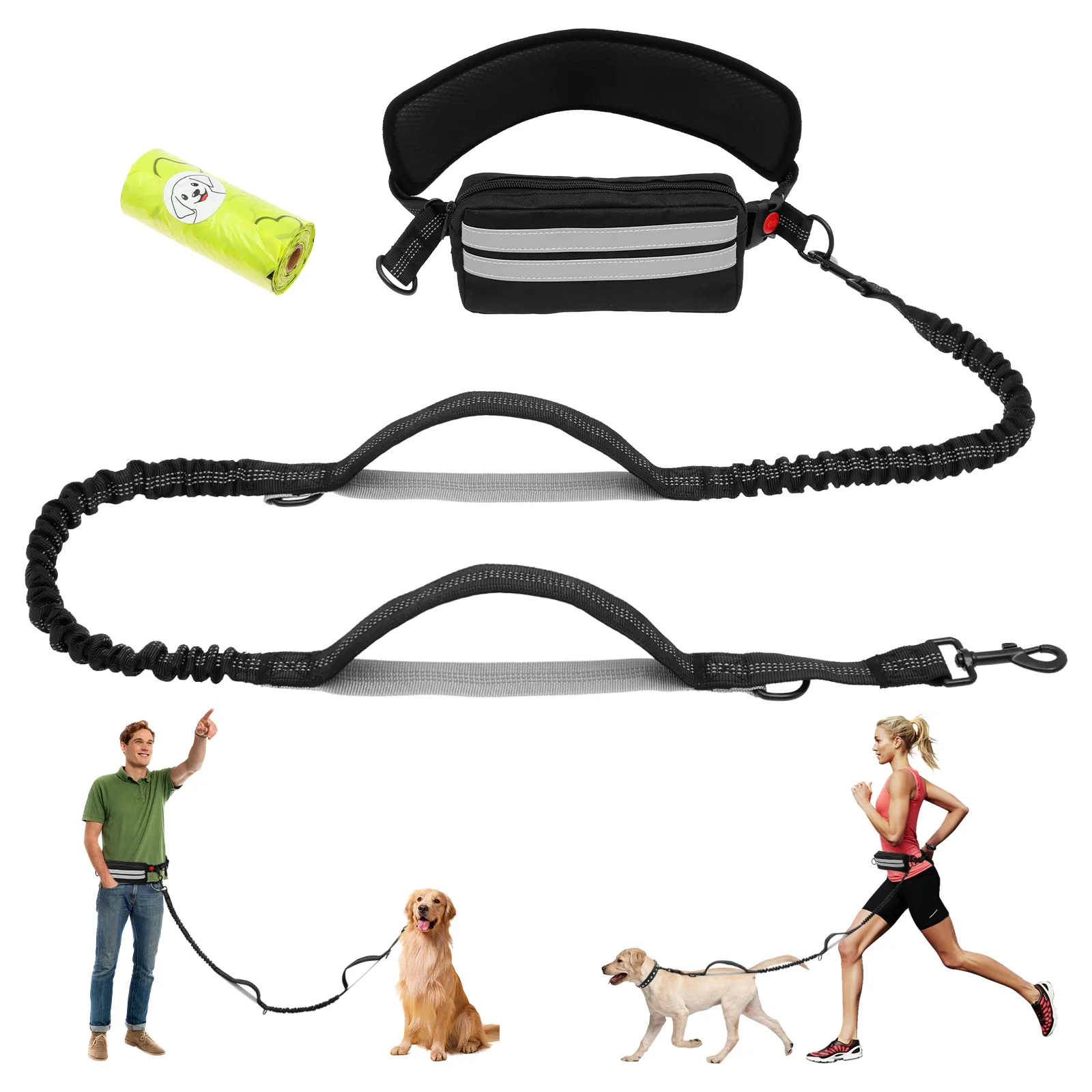 Hands Free Dog Leash for Running Walking Reflective Leash with Waist Bag Retractable Elastic Belt 1005010411759773