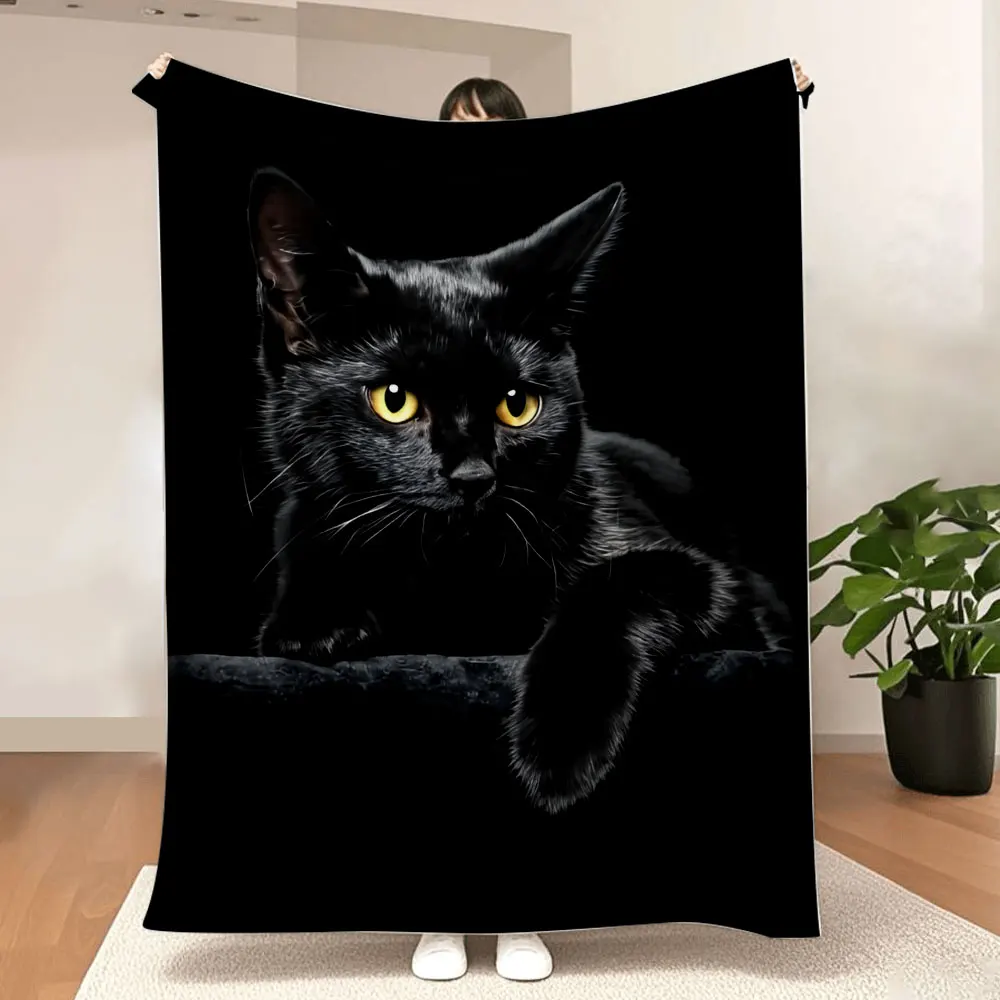 Black Cat Printed Throw Blanket, Glossy Textured Fleece, Dramatic Contrast Design 1005010445103285