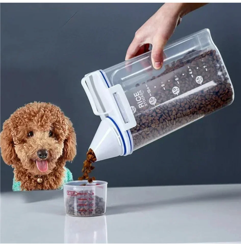 1.5kg/2kg Dog Cat Food Pail Plastic Storage Tank with Measuring Cup Container Moisture-Proof Sealed 1005010456769467