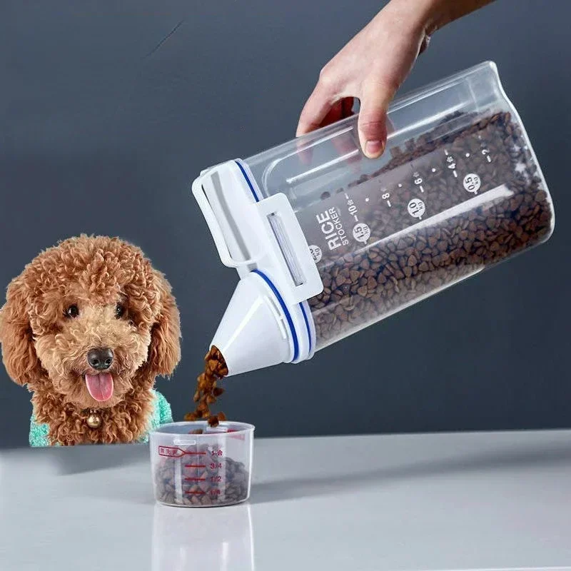 Dog Cat Food Pail Plastic Storage Tank with Measuring Cup Container Moisture-Proof Sealed Jar (2kg) 1005010458656419