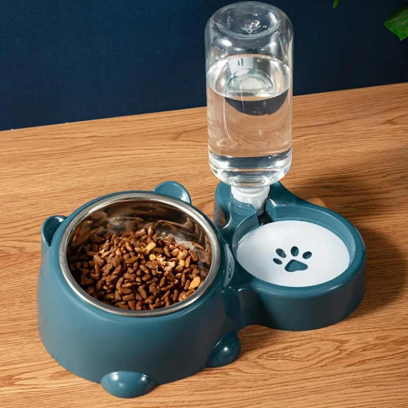 Oblique Cat Bowl, Dog Bowl, Cat Rice Basin, Double Stainless Steel Automatic Refillable Pet Bowl (1pc) 1005010460030592