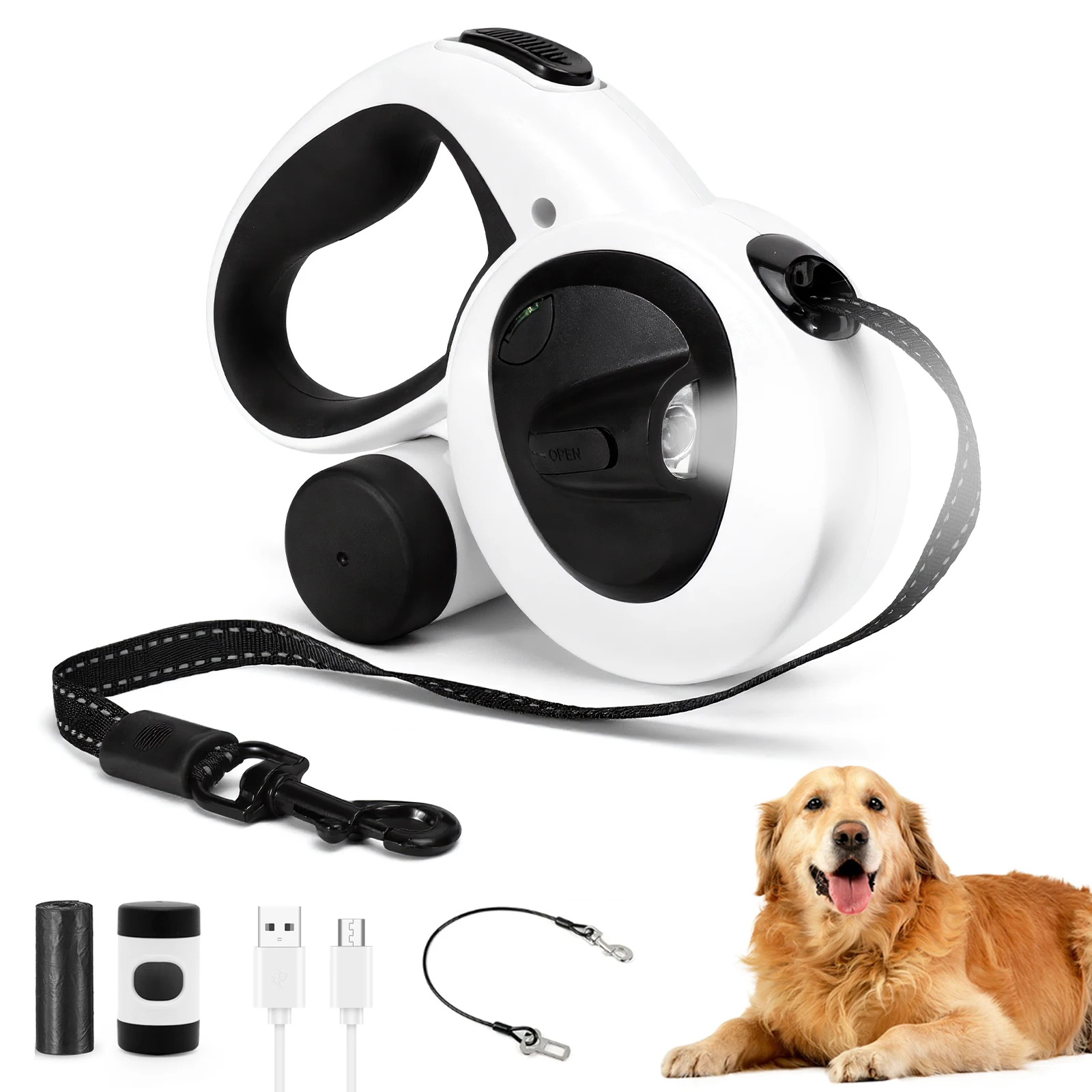 Retractable Dog Leash with USB Rechargeable LED Light, Heavy Duty Dog Lead, Poop Bag Holder 1005010470556007