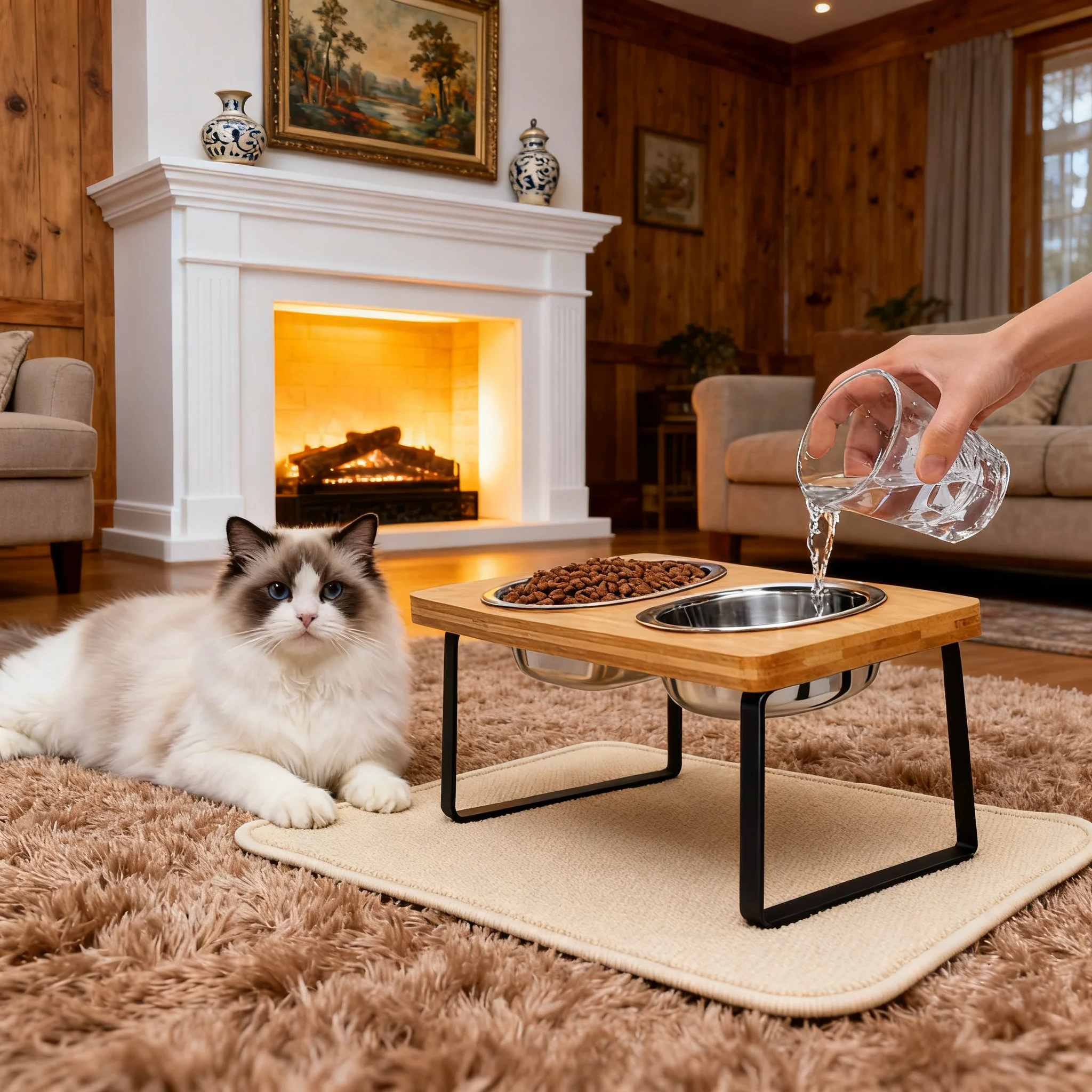 Elevated Cat Bowls 15° Tilted Raised Cat Food Bowls with Wooden Stand Anti Vomiting 2 Stainless 1005010491765302