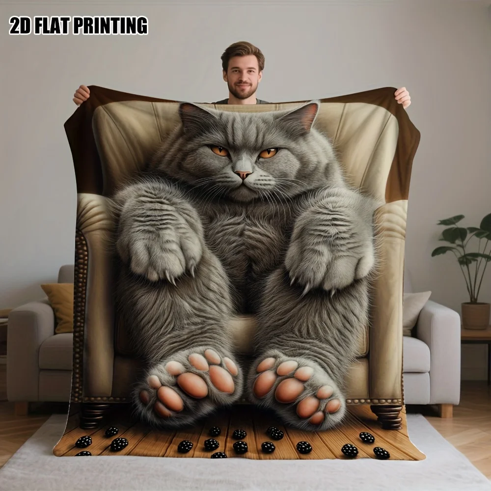 Extra Large Cat Face Blanket – Soft British Shorthair Flannel Throw with Paw Prints for Cat Lovers 1005010491883062
