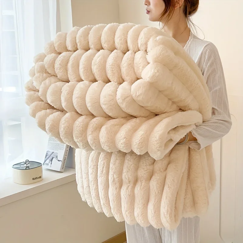 Light Luxury Solid Color Multifunctional Rabbit Velvet Blanket Winter Thick Warm Flannel Used 1005010514267369