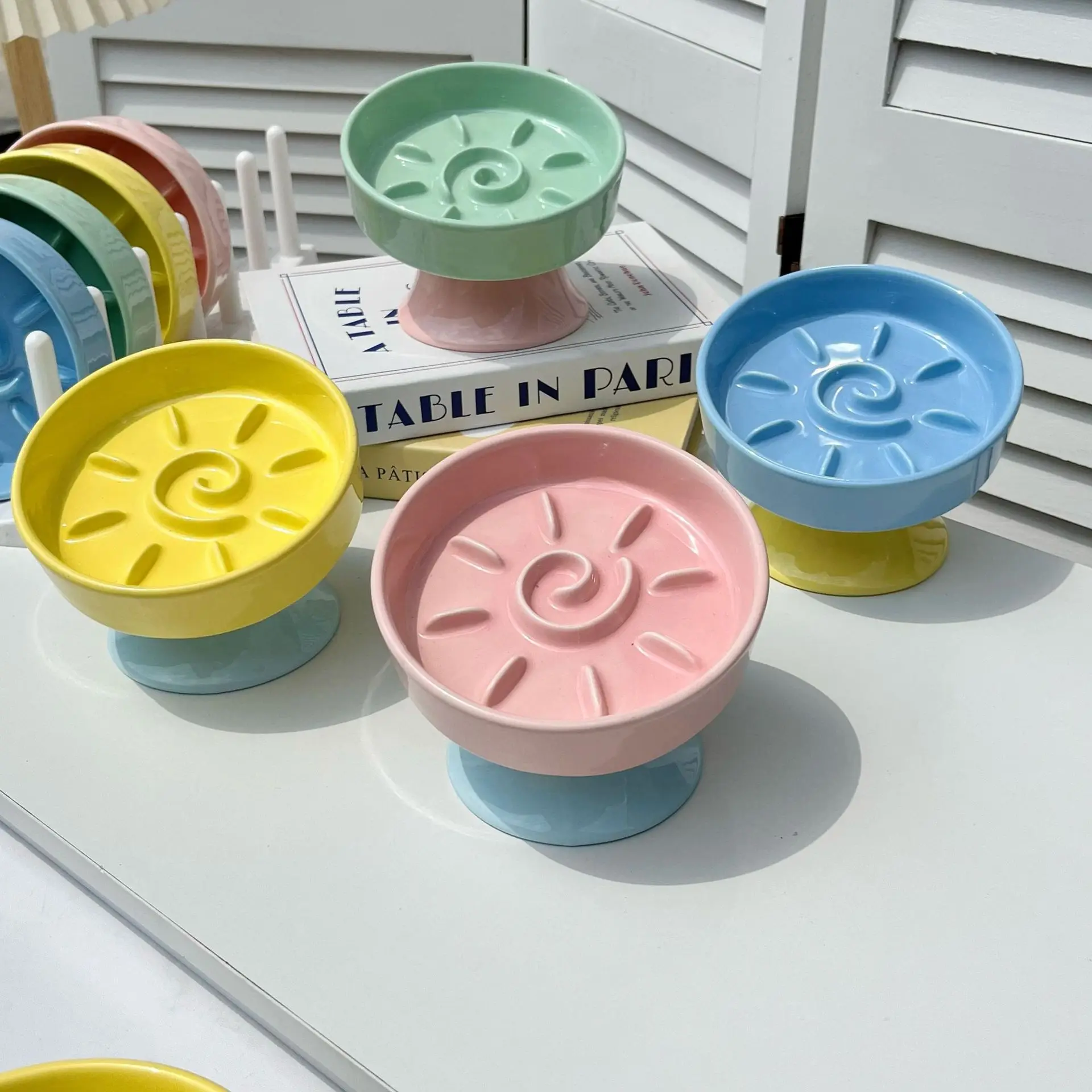 Pet Ceramic Slow Feed Bowl High-Legged Cat Protects the Cervical Spine, prevents Tipping Over 1005010524887867