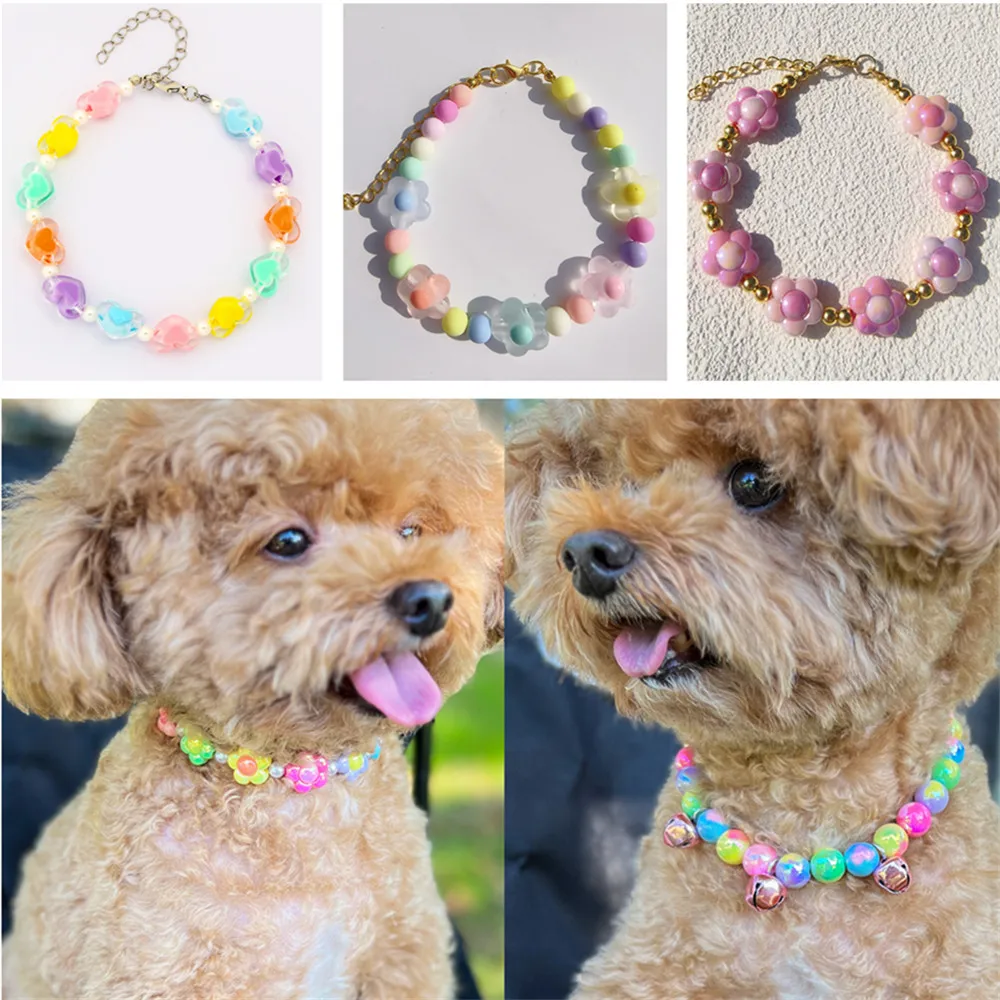 Cute Dog Collars Candy Colored Pearl Necklace Love Flower Beads Alloy Chain Link Adjustable Collar 1005010537220184