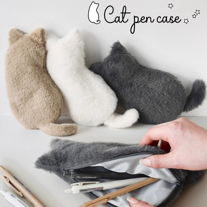 Kawaii Plush cat shaped pen bag with soft touch cute lightweight large capacity stationery storage 1005010540830642