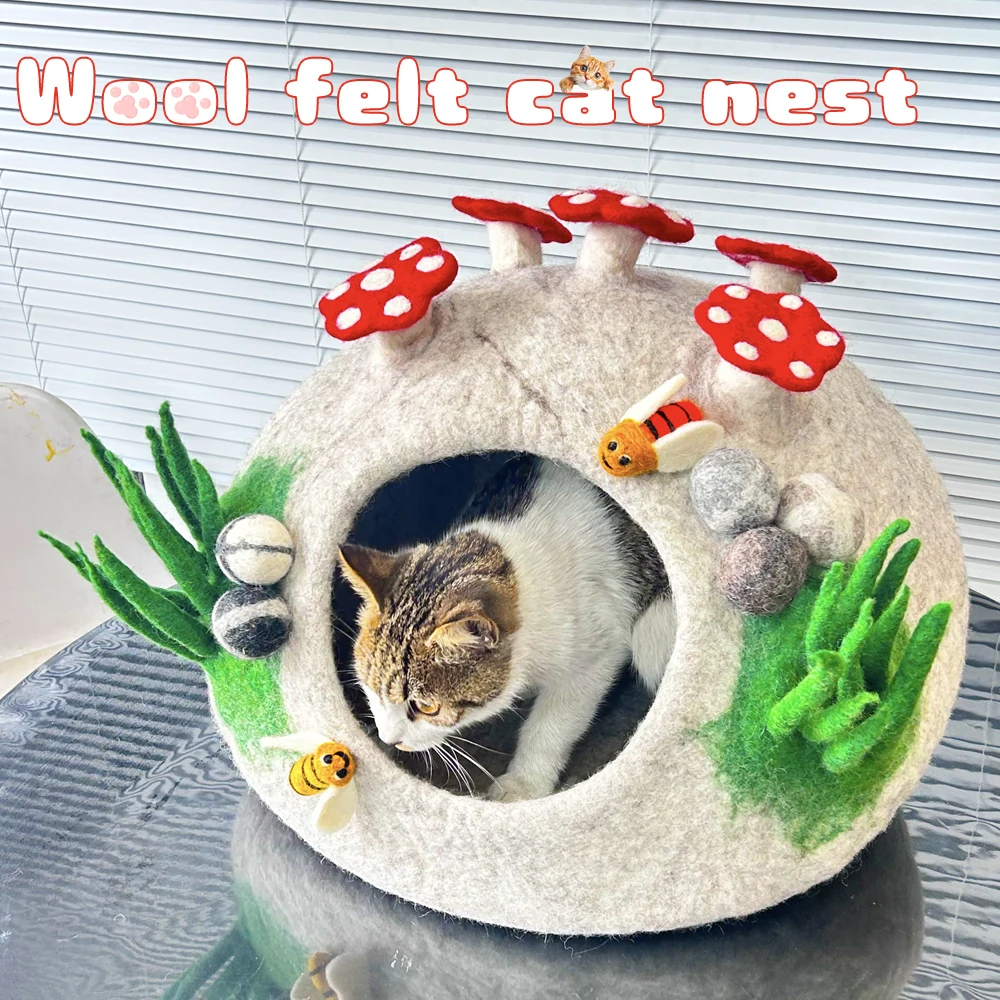Fully Handmade Cat Nest Wool Felt Pussy Cave Forest Style Pet Bed Christmas Winter Warmth Kitten 1005010565120515