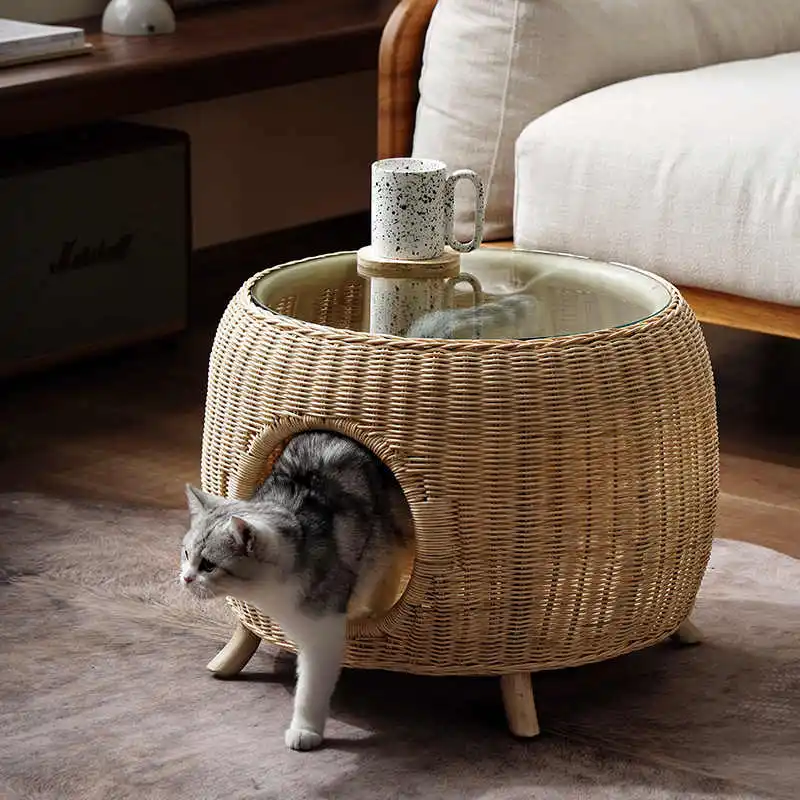 Small House Scandinavian Style Simple Real Rattan People and Cats Share Round Table Coffee Cat 1005010586152313