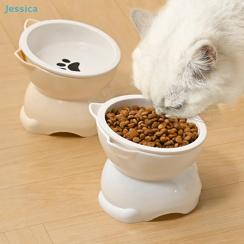 Cat Dog Food Water Bowl-Raised Pet Feeder with Non-Slip Base & Paw Print Design 1005010589637577