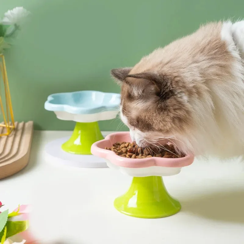 Ceramic Raised Cat Bowl with Flower Design Elevated High Cat Food Bowl Water Plate Snack Dish 1005010637311253