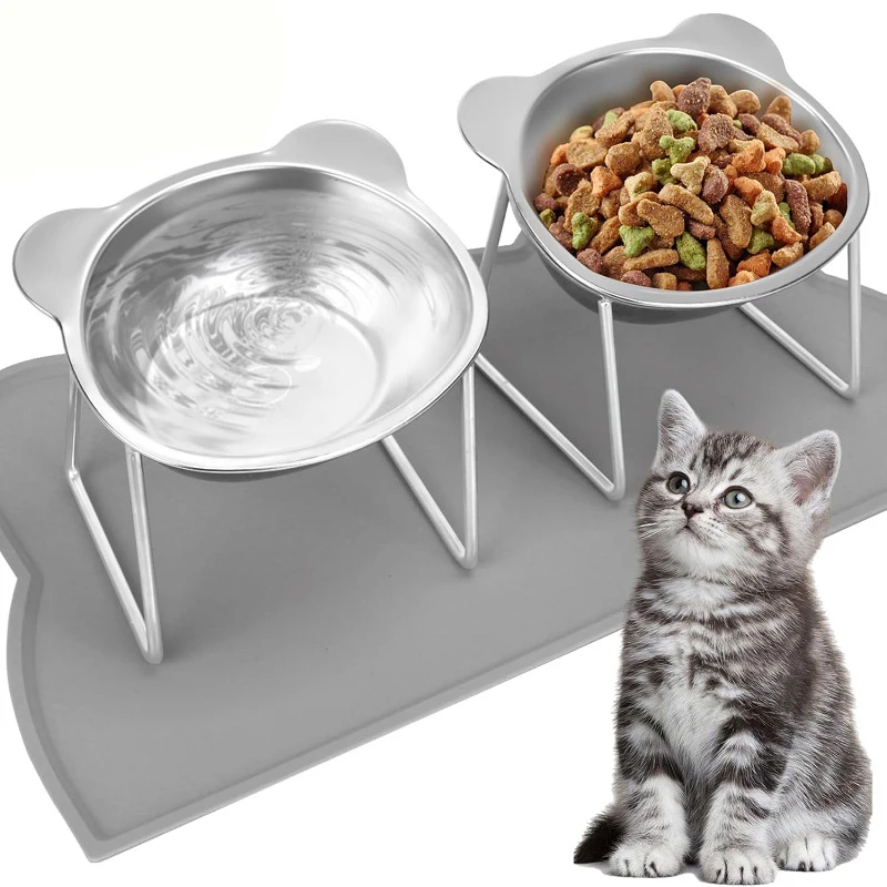 Cat Bowls Tilted Neck Guard Cat Food Bowl Indoor Stainless Steel Shatter Resistant Elevated 15° Pet 1005010639870045