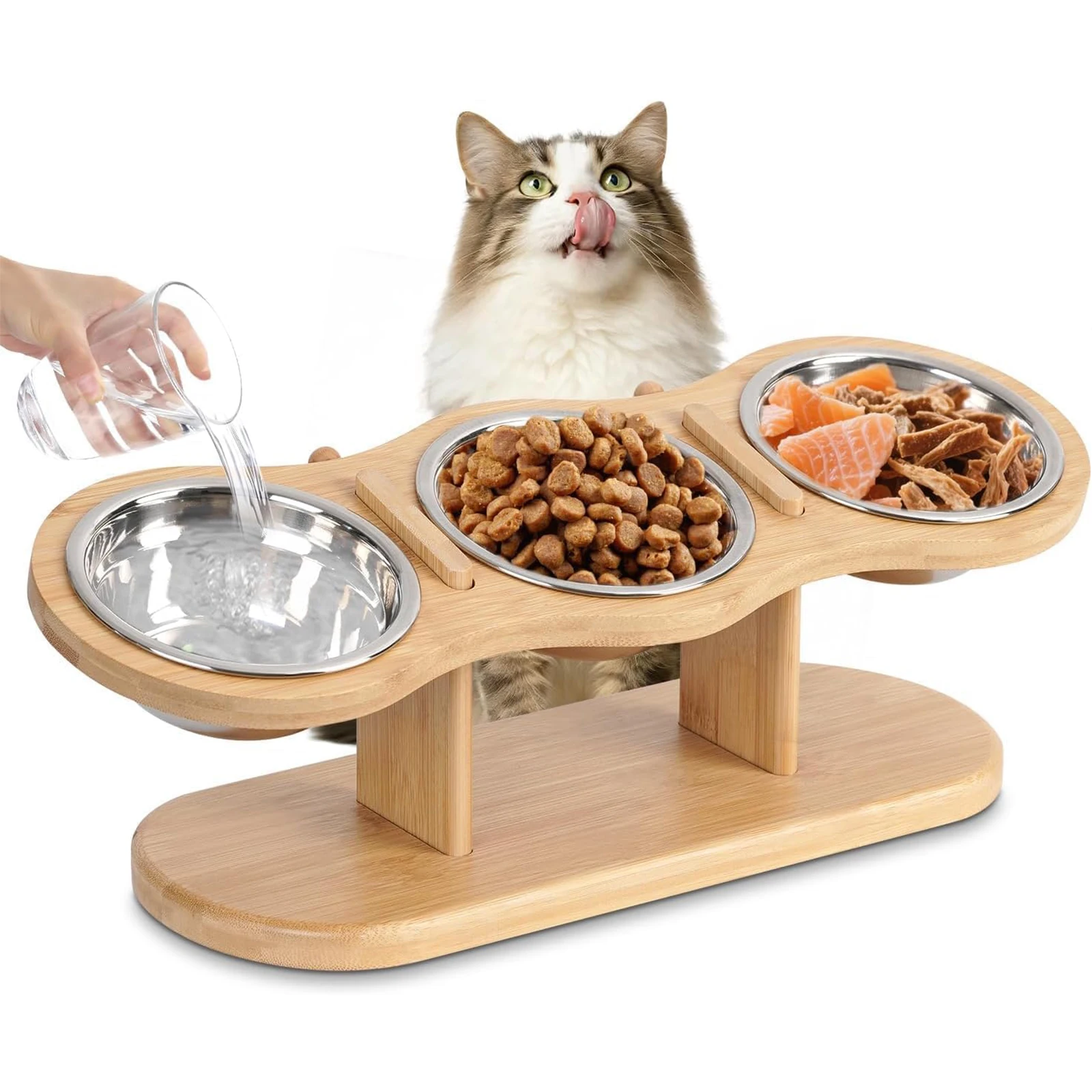 Elevated Cat Bowls Raised Wood Stand Feeder with 3 Stainless Steel Bowls Feeding & Watering 1005010652647373
