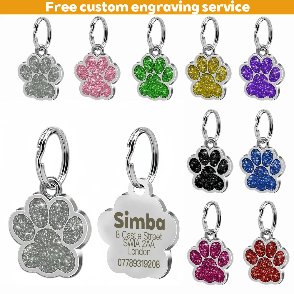 Free Personalized Dog Cat Plate Tags Engraved Puppy Pet ID Name Collar Tag Alloy Paw Glitter 1005010664386906